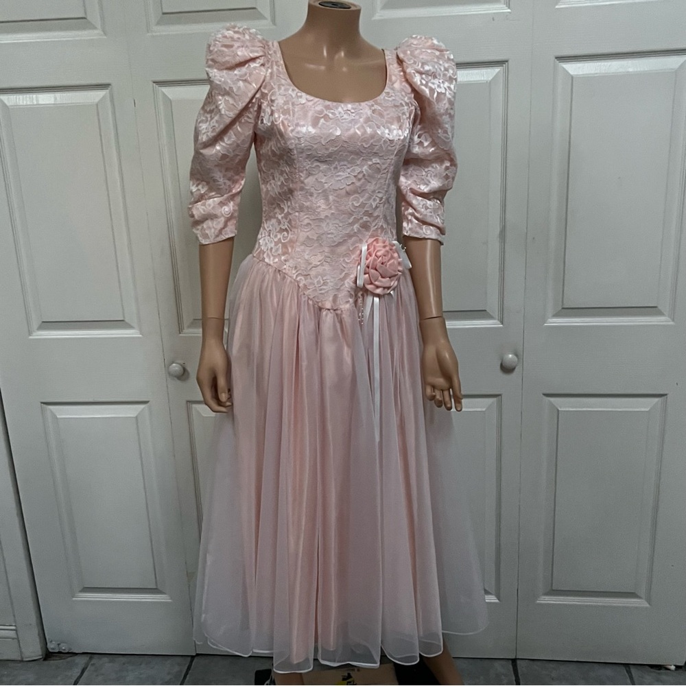 80-s Pink Lace Prom Princess Dress Puffy Sleeves Size Small Barbie Core Regancy
